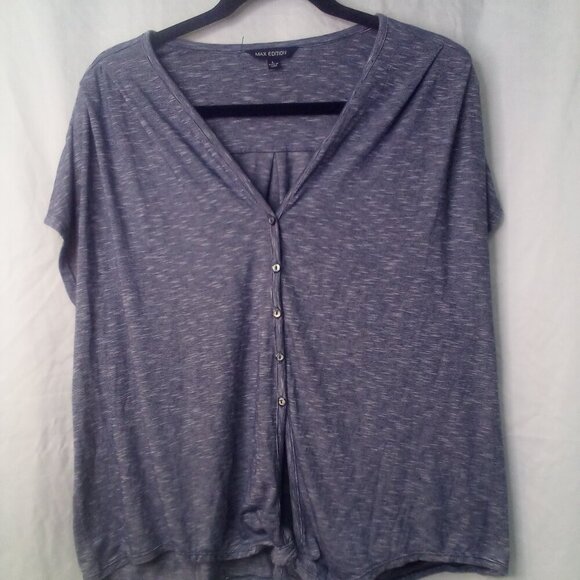 Max Edition Blouse L Short Sleeve Button Front Tie Hem V-Neck Blue - Picture 1 of 14
